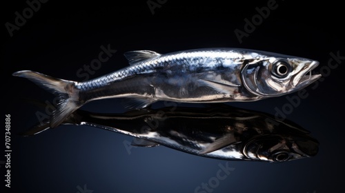  a close up of a fish on a black surface with a reflection of it's body in the water and it's back end of its body in the water.
