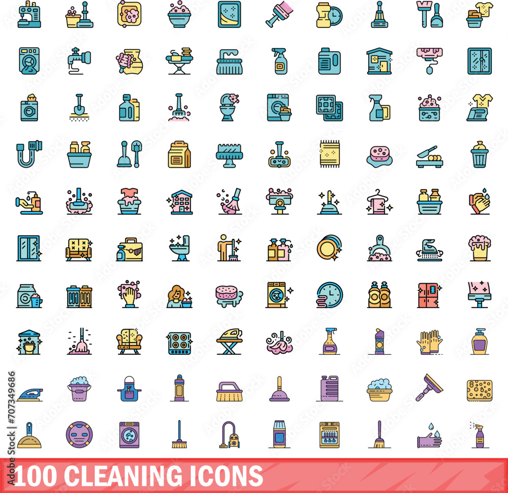 100 cleaning icons set. Color line set of cleaning vector icons thin line color flat on white 100 cleaning icons set. Color line set of cleaning vector icons thin line color flat on white