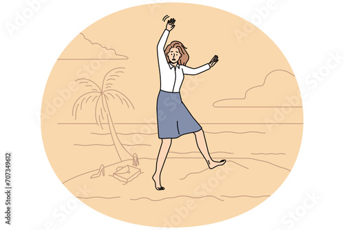Scared young businesswoman on deserted island wave hand ask for help. Stressed female employee lost in nature beg for aid, show rescue or SOS gesture. Vector illustration.