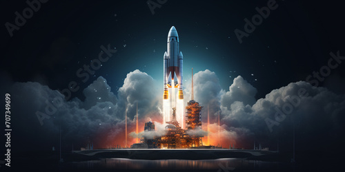 illustration of rocket launch on dark background  AI Generative.