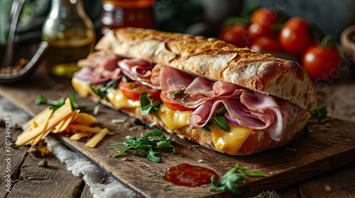 footlong sub of ham and cheese on rustic wood cutting board with garnish 