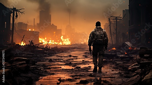 Lone soldier walking in destroyed city