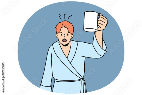 Furious man in bathrobe screaming fighting with neighbors in morning. Angry male with coffee in hand feel mad shout at neighbours. Vector illustration.