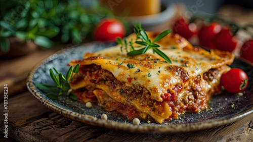 square slice of Italian lasagna with garnish on plate 