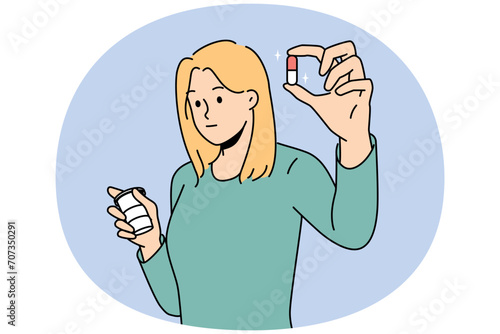 Young woman holding pill in hands taking antidepressants or painkillers. Female patient with drug or tablet recommend medical treatment. Medicine and healthcare. Vector illustration.