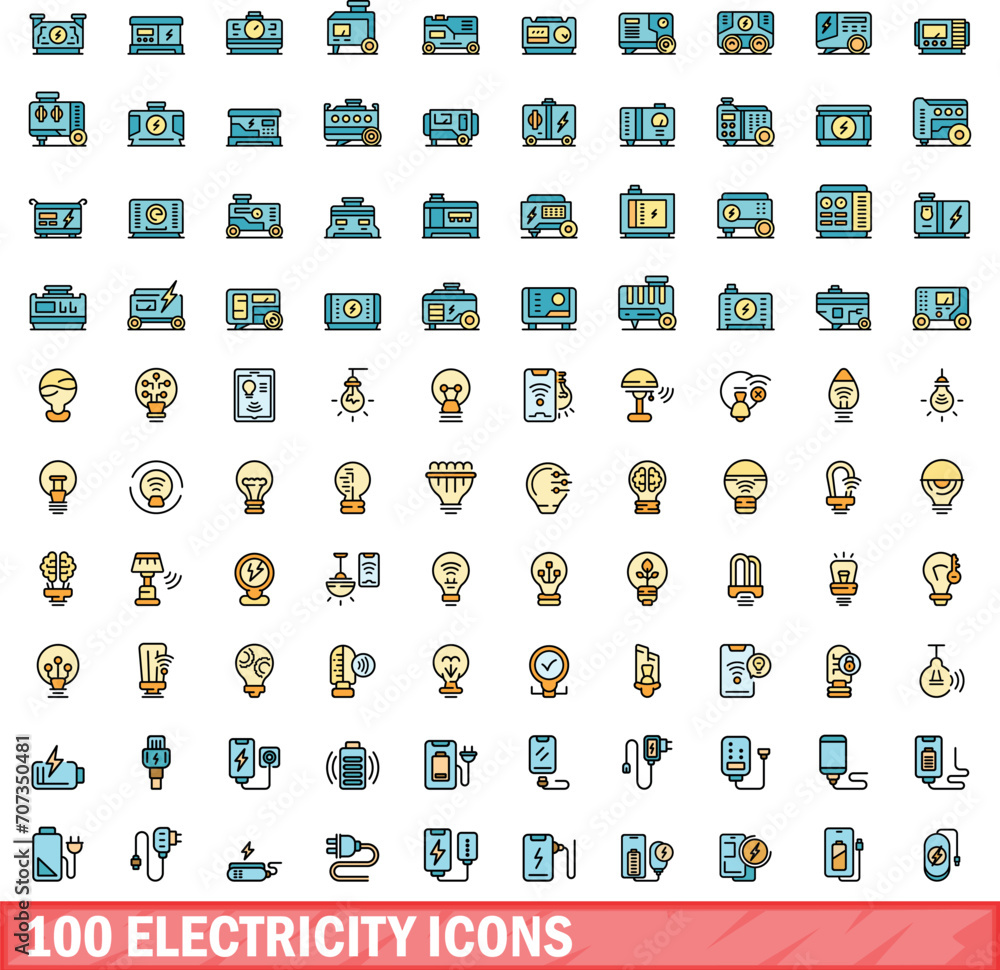 100 electricity icons set. Color line set of electricity vector icons thin line color flat on white 100 electricity icons set. Color line set of electricity vector icons thin line color flat on white