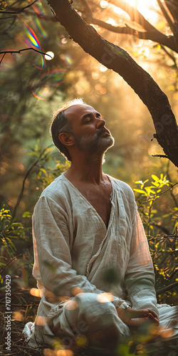 middle age man wearing loose linen clothes in woods meditating and manifesting peacefully in shafts of golden light with hints of rainbow