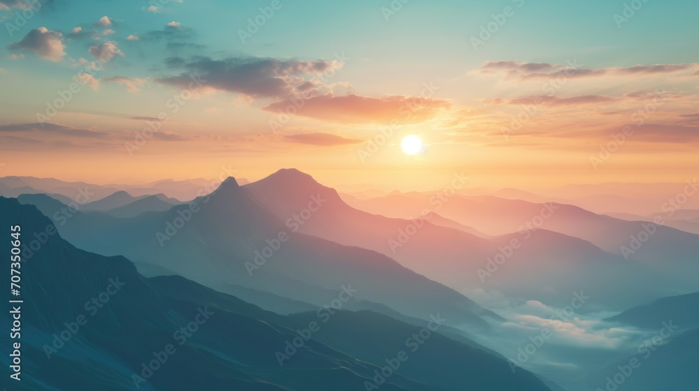Sunrise Over Mountain Range with Misty Valleys and Orange Sky