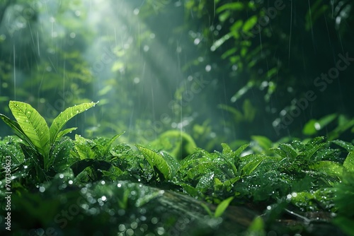 Raindrops on Lush Green Leaves in Misty Tropical Rainforest