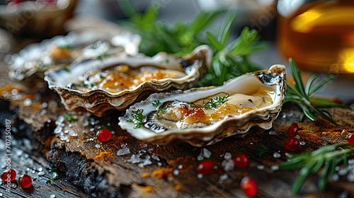 group of oysters on the half shell with garnish on rustic wood board  photo