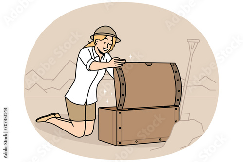 Young woman archaeologist open chest with treasures on archeological site. Smiling female paleologist discover artifacts in desert. Vector illustration.