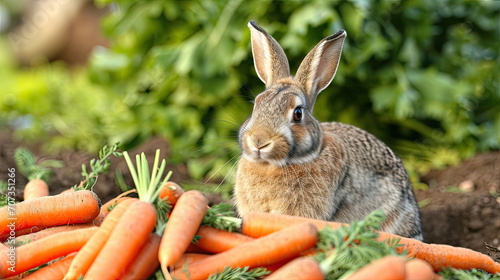 cute bunny rabbit next to a pile of carrots outside in beautiful sunlight on a spring day 