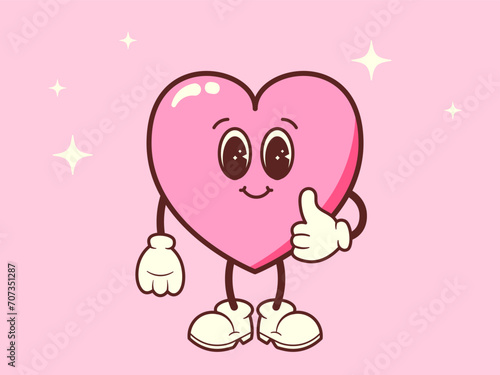 Vintage groovy heart.  Trendy Retro character with arms and legs. Cartoon Romantic mascot Vector illustration