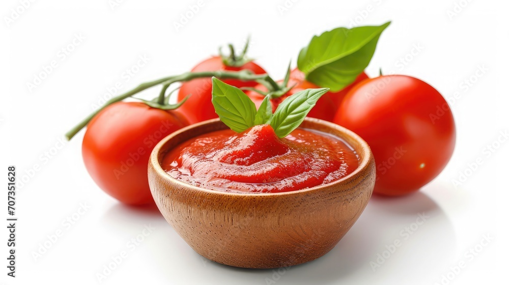 Tasty ketchup in wooden bowl and fresh tomatoes isolated on white, closeup Tasty ketchup in wooden bowl and fresh tomatoes isolated on white, closeup