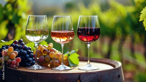 Three glasses with white, rose and red wine on a wooden barrel in the vineyard.