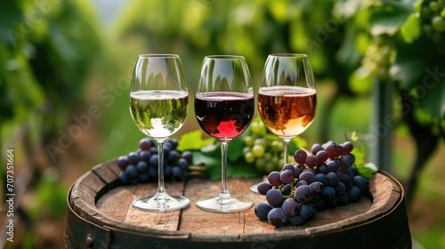 Three glasses with white, rose and red wine on a wooden barrel in the vineyard.
