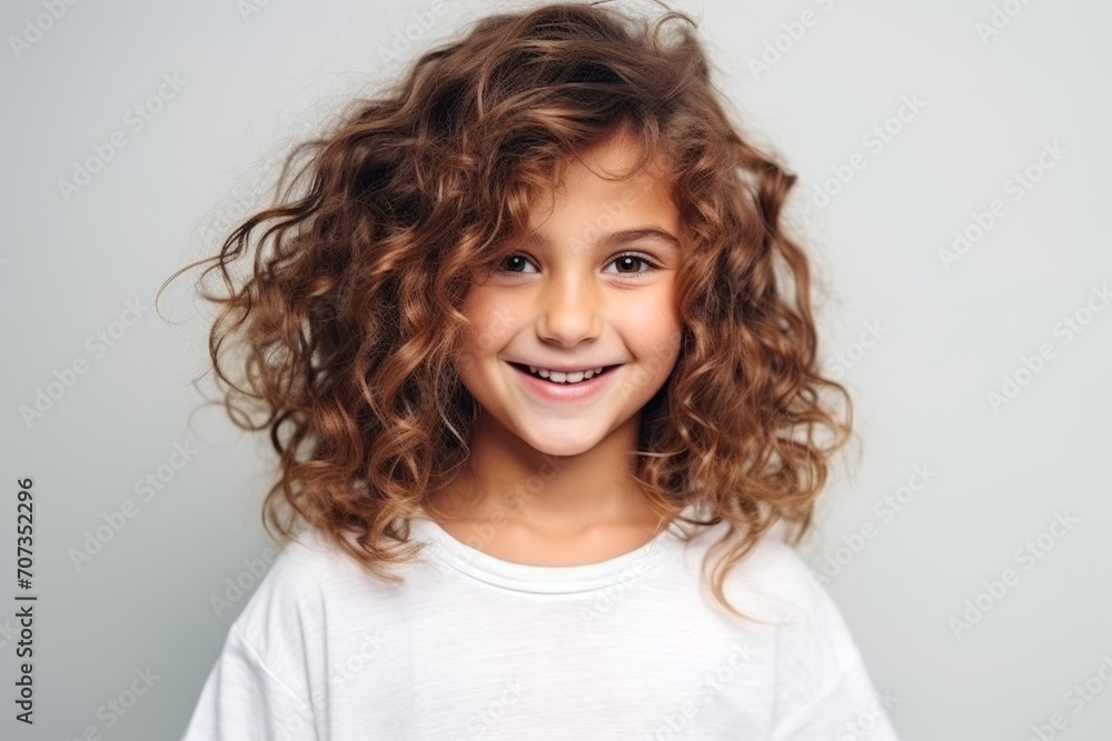 Portrait of a cute little girl with curly hair over grey background Portrait of a cute little girl with curly hair over grey background