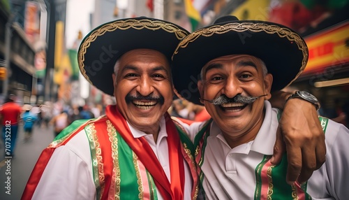 Portrait of 2 Mexican men in their 60s celebrating Cinco de Mayo in Times Square