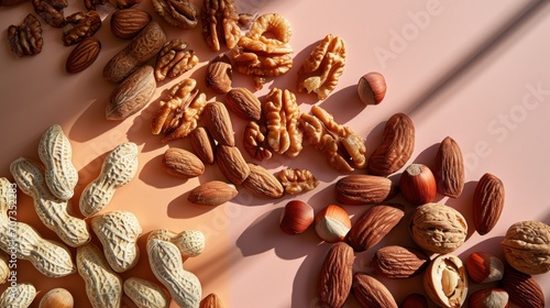  a variety of nuts and nutshells laid out on a pink surface with one nut in the middle and one nut in the middle of the nuts in the middle.
