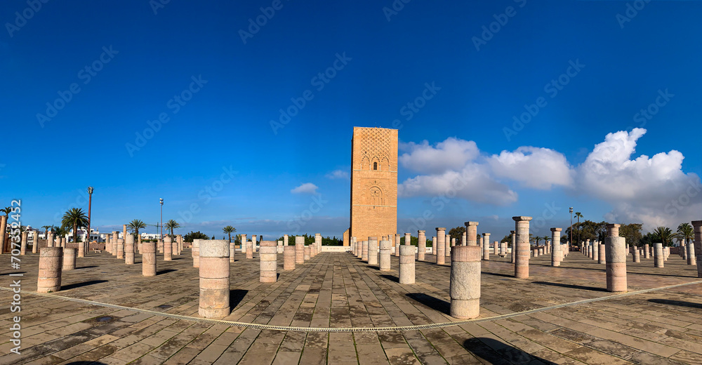 Panoramic view of square and Mausoleum of King Mohammed V located on opposite side Hassan Tower in Rabat. Morocco 