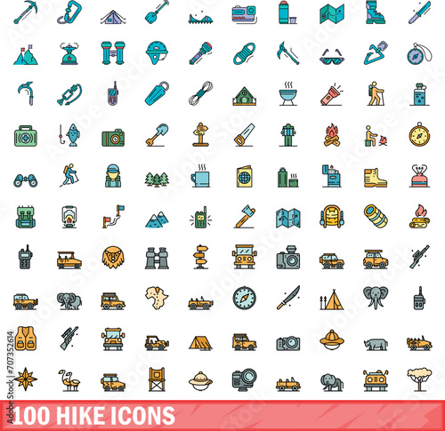 100 hike icons set. Color line set of hike vector icons thin line color flat on white