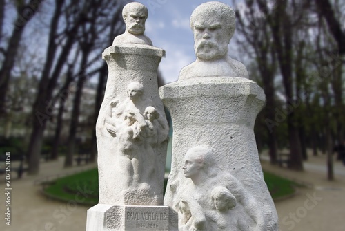 The statues of Charles Baudelaire and Paul Verlaine in the Luxembourg Gardens (in jardin du Luxembourg) of the Luxembourg Palace, in Paris photo