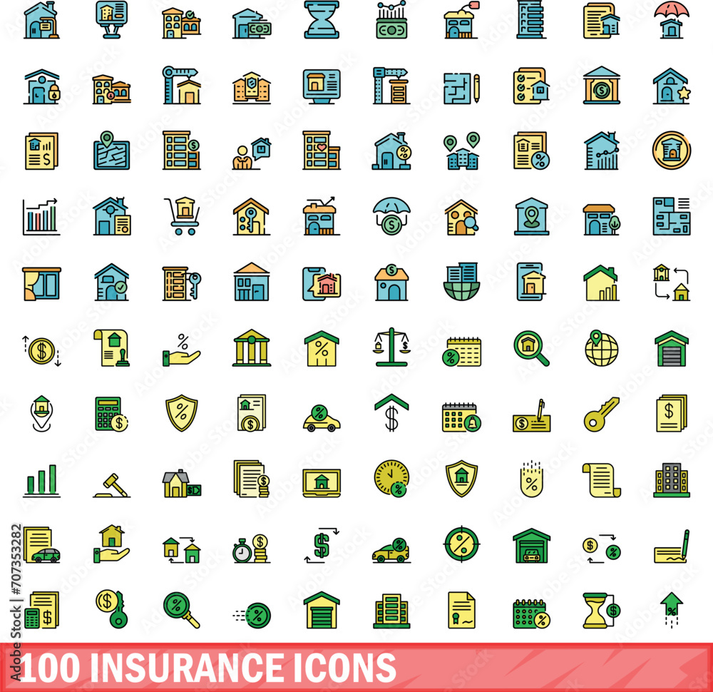100 insurance icons set. Color line set of insurance vector icons thin line color flat on white 100 insurance icons set. Color line set of insurance vector icons thin line color flat on white