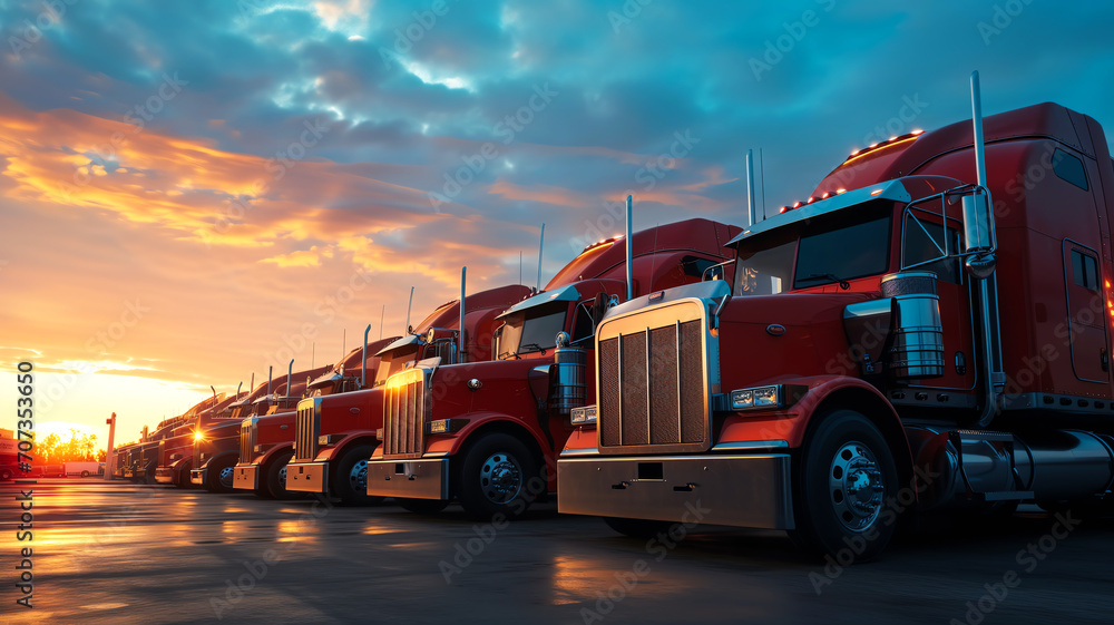 trucks transport fleet logistics at sunset