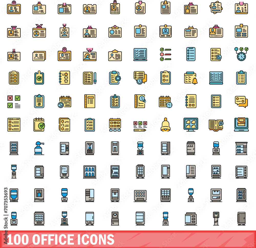 100 office icons set. Color line set of office vector icons thin line color flat on white 100 office icons set. Color line set of office vector icons thin line color flat on white