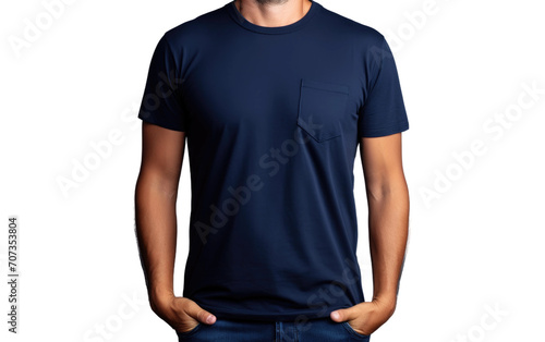 A man wearing a a navy blue pocket tee shirt isolated on transparent background.