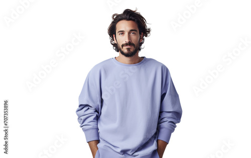 A man wearing a periwinkle dolman sleeve shirt isolated on transparent background.