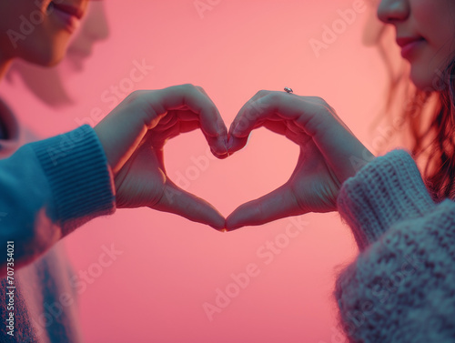 Two people forming a heart with their hands, isolated on a pink studio photo