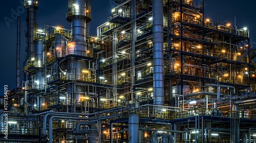 Fotografia de longa exposição capturando as estruturas iluminadas de uma fábrica química à noite enfatizando a natureza contínua das operações industriais