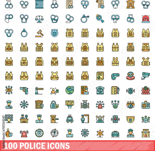 100 police icons set. Color line set of police vector icons thin line color flat on white