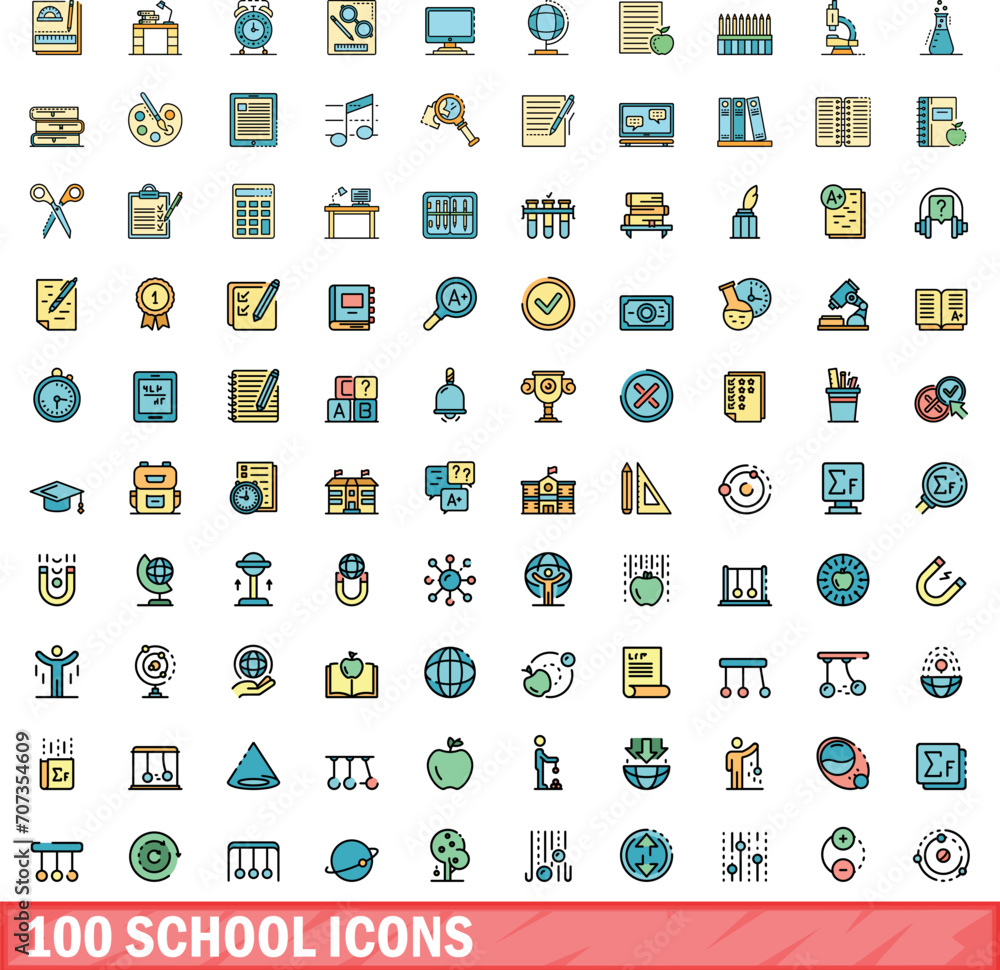 100 school icons set. Color line set of school vector icons thin line color flat on white 100 school icons set. Color line set of school vector icons thin line color flat on white