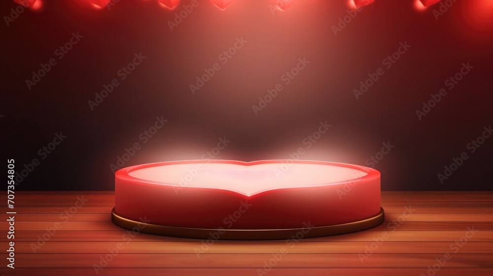 red background for Valentine's Day. with cylinder pedestal, podium. Neon glowing mockup product display