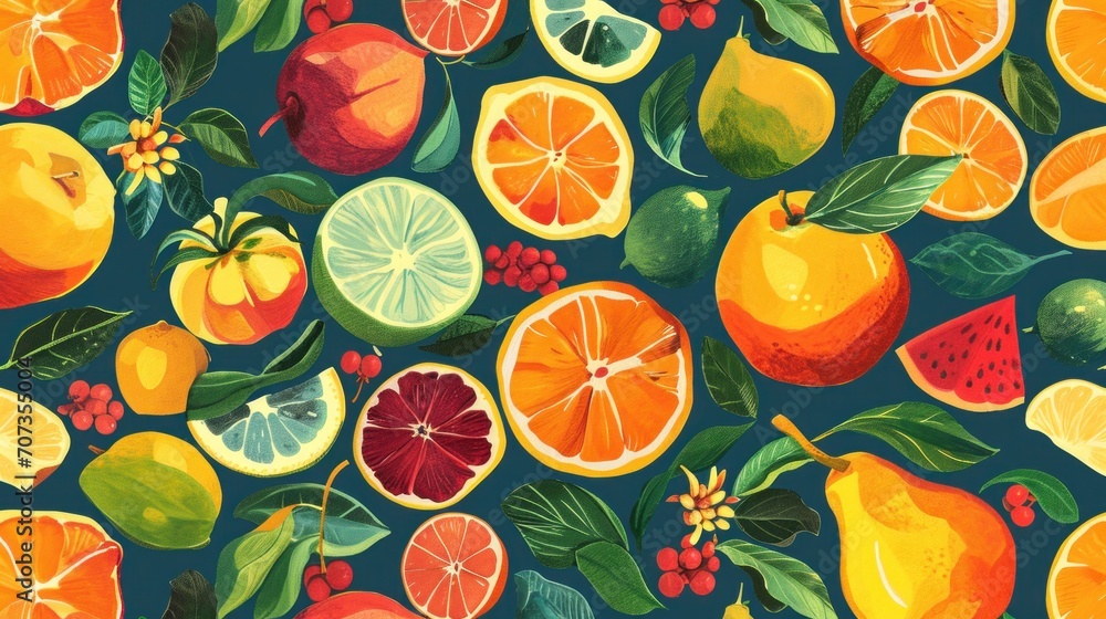 a painting of oranges, lemons, pomegranates, and limes on a blue background with leaves, berries, berries, and leaves. a painting of oranges, lemons, pomegranates, and limes on a blue background with leaves, berries, berries, and leaves.