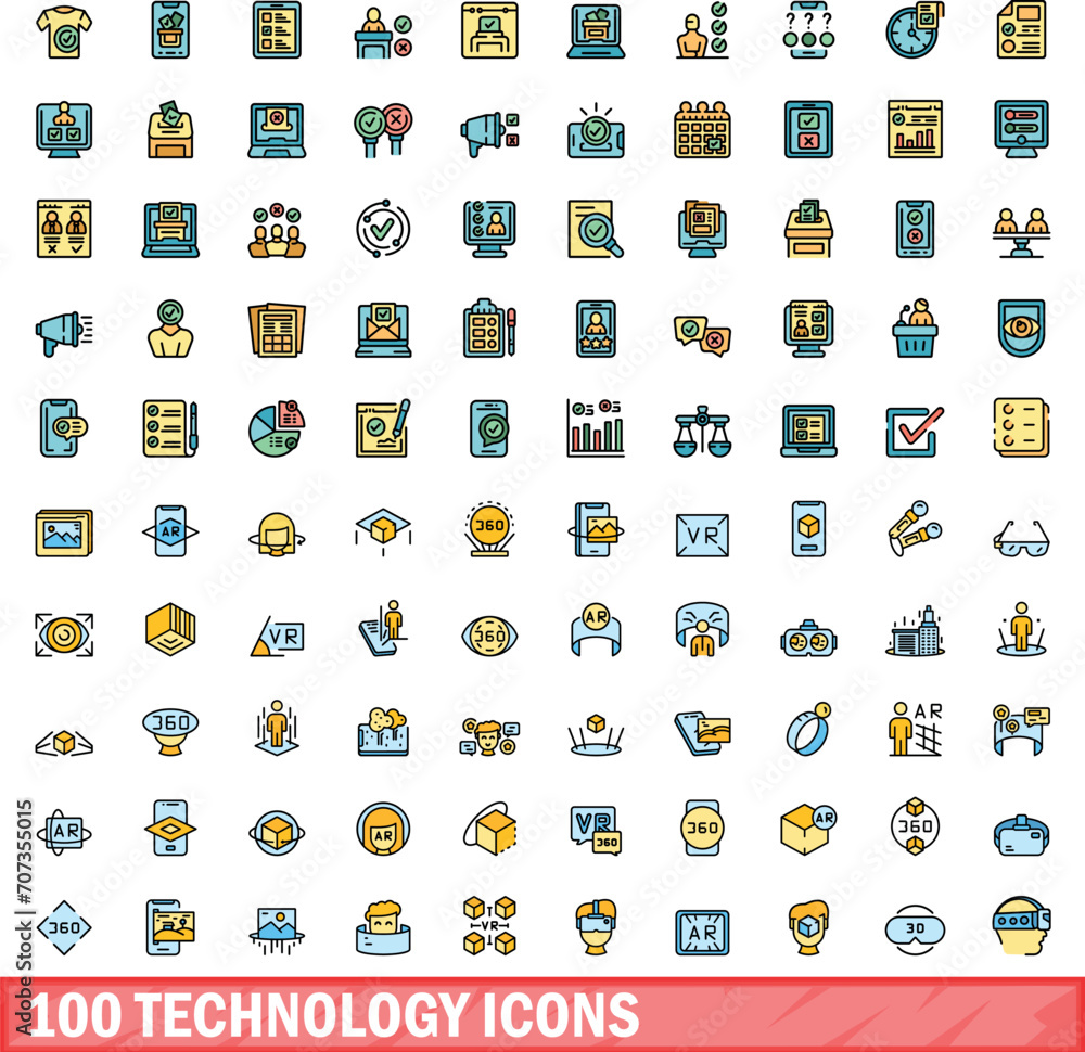 100 technology icons set. Color line set of technology vector icons thin line color flat on white 100 technology icons set. Color line set of technology vector icons thin line color flat on white