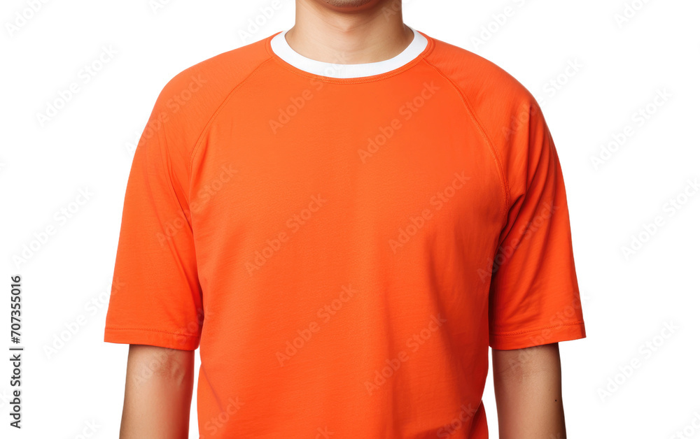 A man wearing an orange raglan sleeve shirt isolated on transparent background.