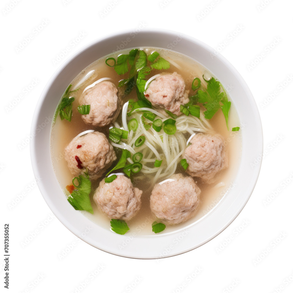 Thai Pork Meatball Soup with Noodles on a Transparent Background Thai Pork Meatball Soup with Noodles on a Transparent Background