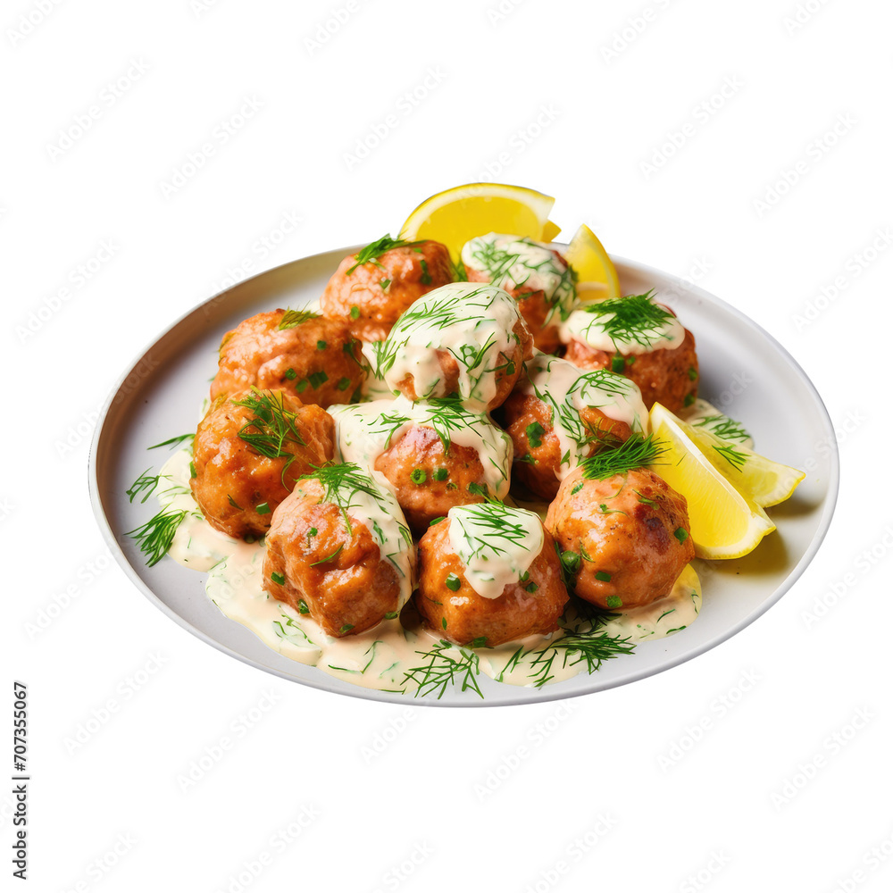 Delicious Bowl of Salmon Meatballs with Lemon Dill Sauce Isolated on a Transparent Background Delicious Bowl of Salmon Meatballs with Lemon Dill Sauce Isolated on a Transparent Background