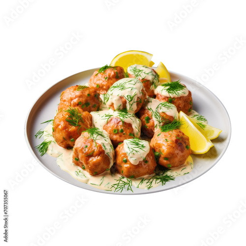 Delicious Bowl of Salmon Meatballs with Lemon Dill Sauce Isolated on a Transparent Background 