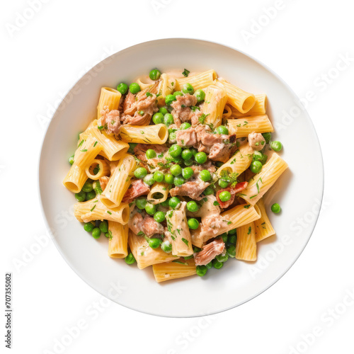 Delicious Bowl of Rigatoni Pasta with Tuna and Peas Isolated on a Transparent Background 