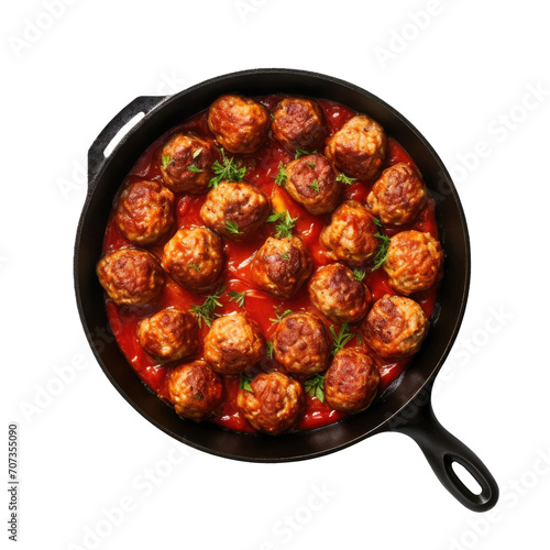 A Pan of Spicy Meatballs in Tomato Sauce Isolated on a Transparent Background 
