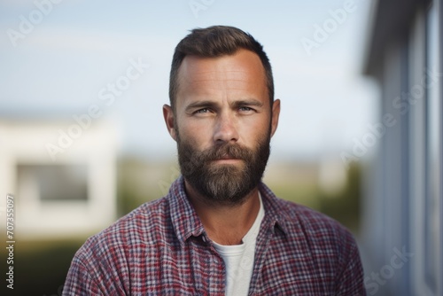 Portrait of a handsome bearded man in a checkered shirt. Men's beauty, fashion.