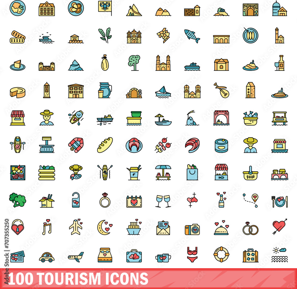 100 tourism icons set. Color line set of tourism vector icons thin line color flat on white 100 tourism icons set. Color line set of tourism vector icons thin line color flat on white