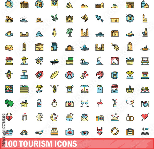 100 tourism icons set. Color line set of tourism vector icons thin line color flat on white