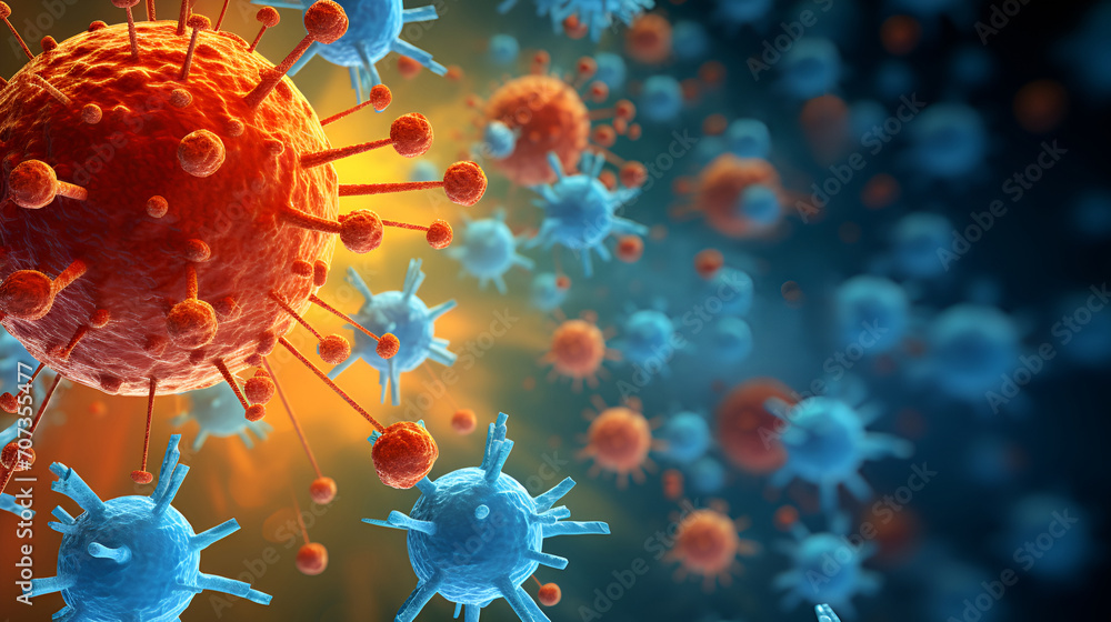 Microscopic image of immune system attack virus, vaccine. background with copy space for microbiology, medical and scientific purposes. - obrazy, fototapety, plakaty 