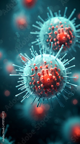 Vertical realistic 3D illustration of macro viruses. microscopic image of floating blue-red cells during the study. on abstract background with copy space
