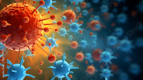 Microscopic image of immune system attack virus, vaccine. background with copy space for microbiology, medical and scientific purposes.